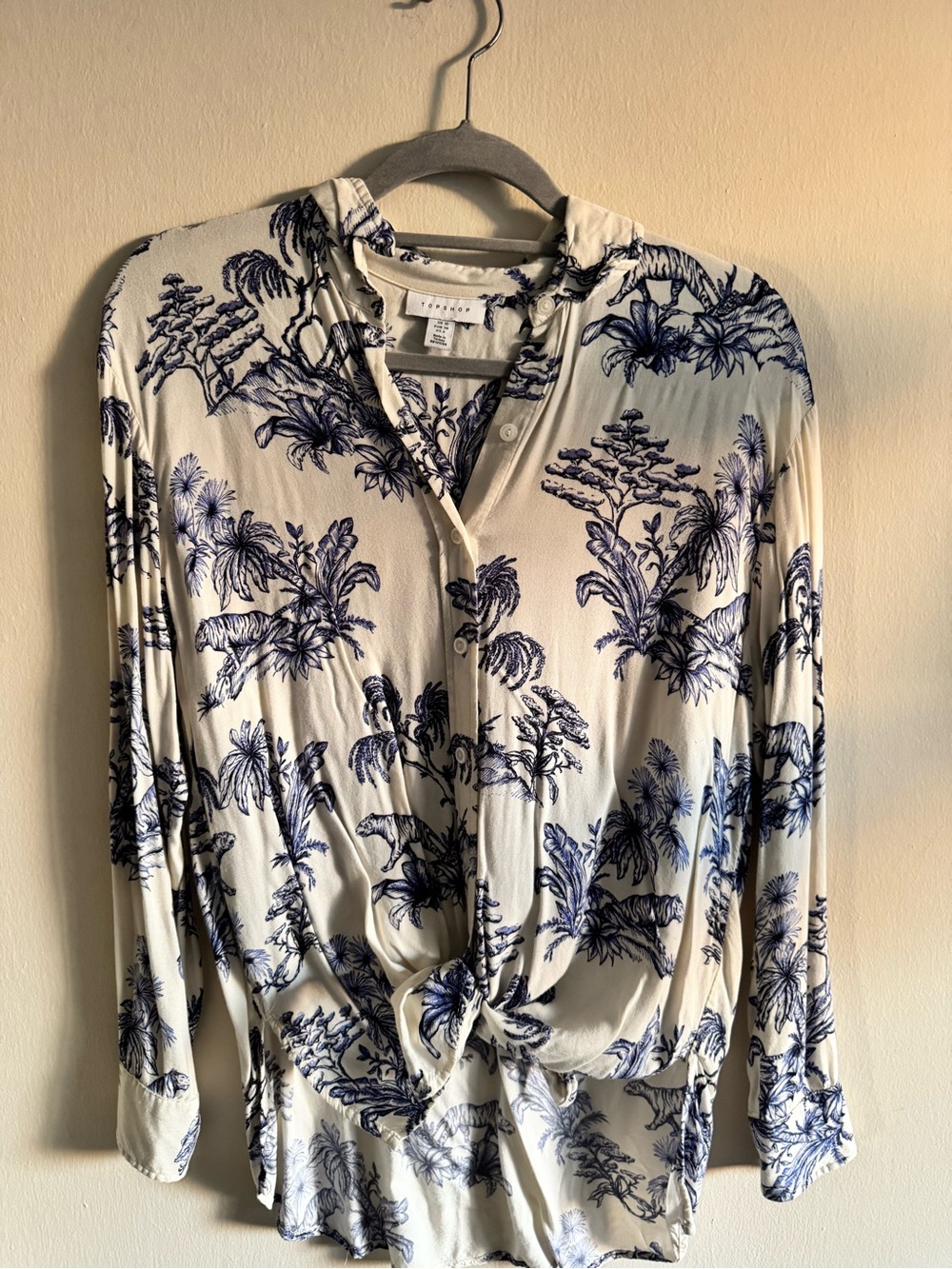 Topshop Cream and Navy Botanical Button-Down Shirt